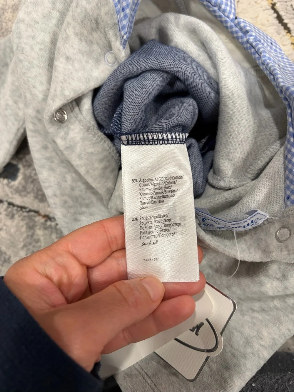 NWT Mayoral Velour Grey and Blue One-Piece with Gingham Collar, 6-9 months